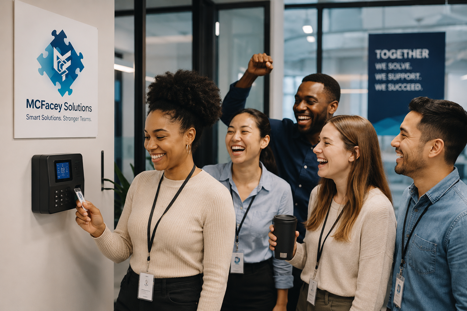 Happy employees clocking in with MCFacey Solutions